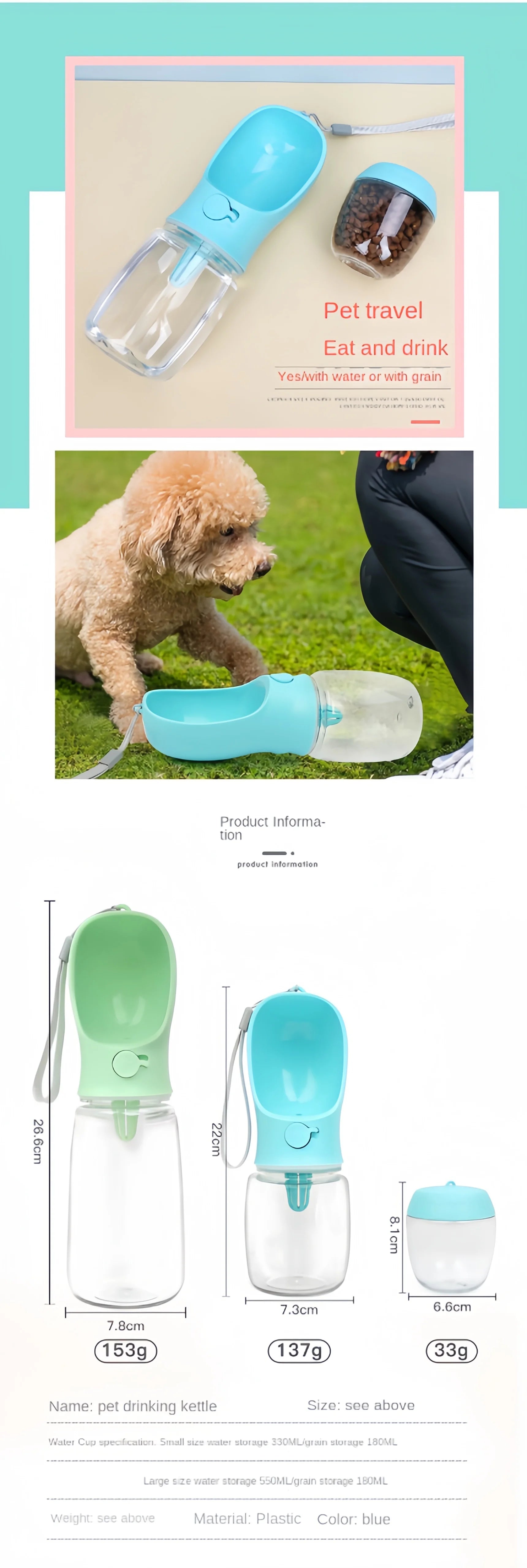Portable Water Bottle with Food and Water Container for Pets
