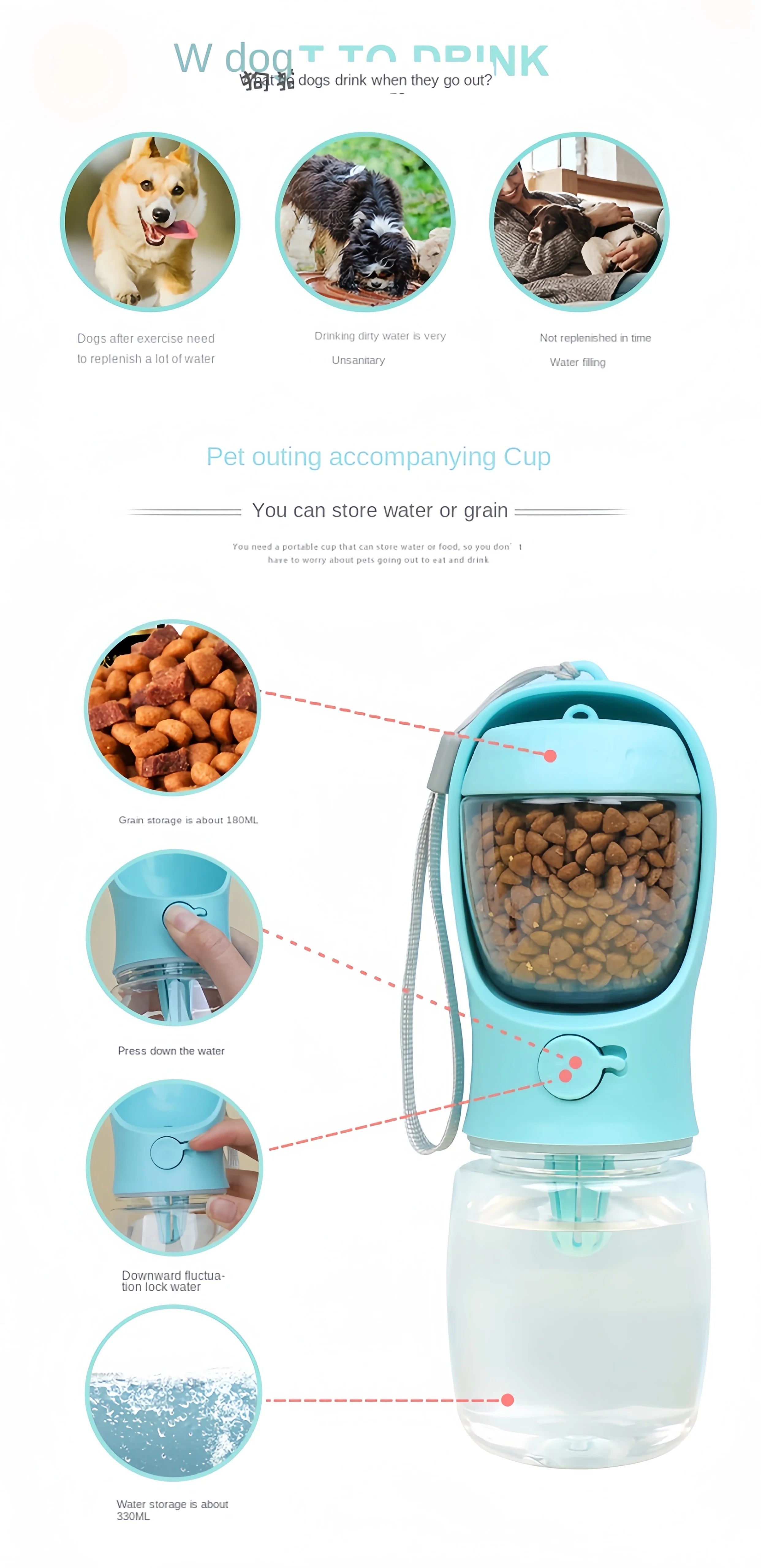 Portable Water Bottle with Food and Water Container for Pets